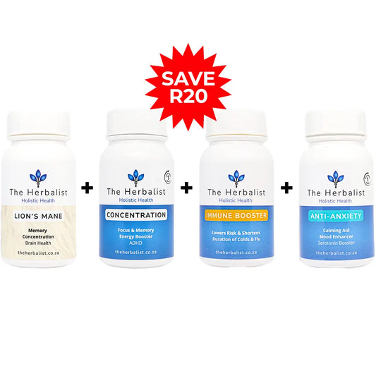 The Ultimate Student's Bundle from The Herbalist. Lion's Mane, Concentration, Immune Booster and Anti-Anxiety Capsules.