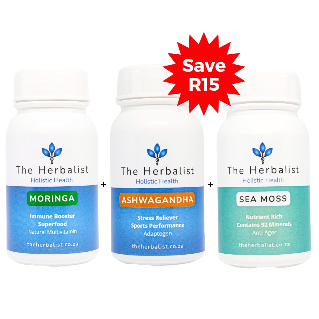 Diabetic/High Blood Sugar Bundle helps manage Blood Sugar Naturally. It includes Ashwagandha, Moringa and Sea Moss capsules.