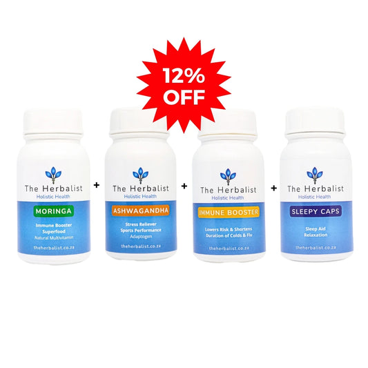 The Essentials Bundle from The Herbalist includes Moringa, Ashwagandha, Immune Booster and Sleepy Caps.