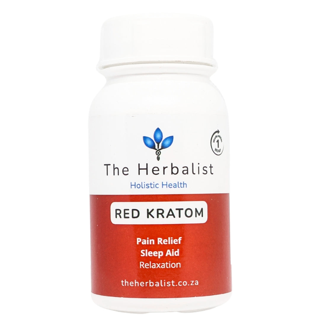 The Herbalist Red Kratom Capsules – Natural herbal supplement for pain relief, sleep support, stress reduction, and calming relaxation.