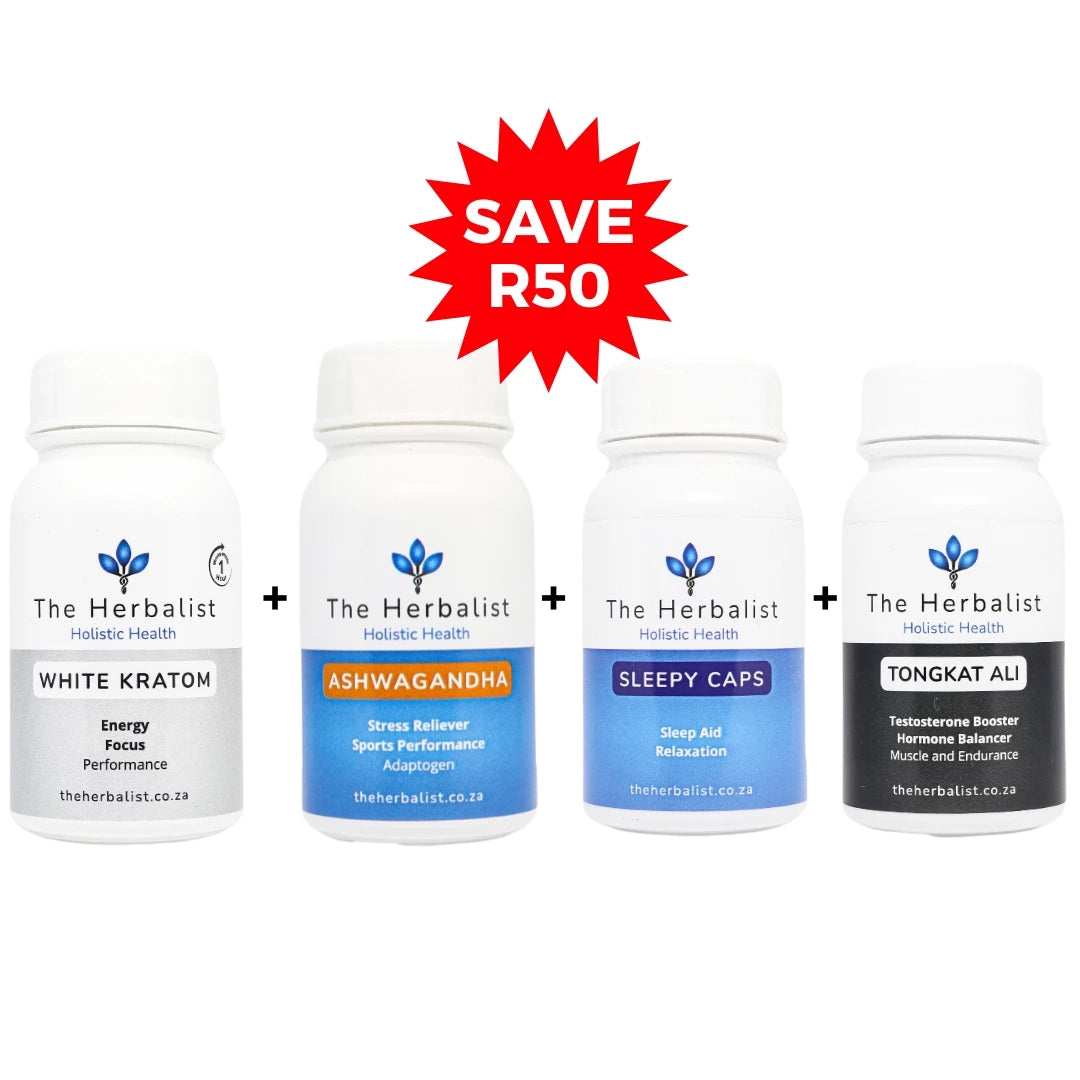 Athlete's Product Bundle by The Herbalist. White Kratom Capsules, Ashwagandha Capsules, Sleepy Caps  Capsules & Tongkat Ali Capsules.