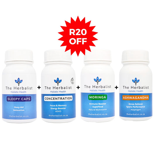 The perfect bundle for Teens from The Herbalist. Sleepy Caps, Concentration, Moringa and Ashwagandha capsules.