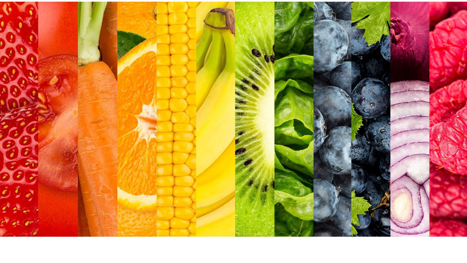 A colorful variety of fruits and vegetables sliced and arranged by color, symbolizing vibrant, natural nutrition and healthy eating.